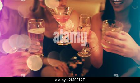 Drinks, toast and friends party celebration in nightclub together for birthday, new year event or club. Champagne, cheers glass and group of people Stock Photo