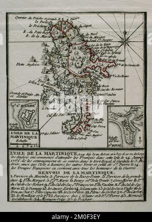 Martinique, 1762. Island captured by the British from the French during the Seven Years War (1756-1763), remaining in their possession from 1762 to 1763. The British began attacking the French on the island on 24 January 1762, forcing them to retreat to the capital, Fort-Royal. The French capitulated on 3 February. On 12 February, the whole island was under British control. Map published in 1765 by the cartographer Jean de Beaurain (1696-1771) as an illustration of his Great Map of Germany, with the events that took place during the Seven Years War. Allied army in red and the French army in bl Stock Photo