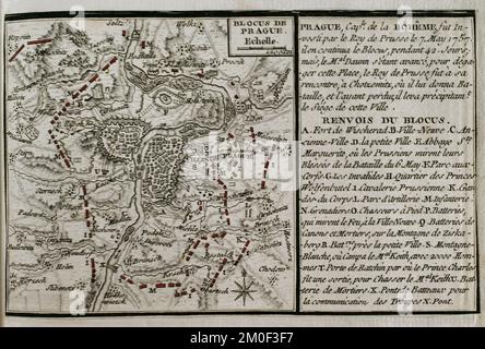 Seven Years War (1756-1763). Map of the blockade of Prussian troops at Prague, 1757. Besieged by the Prussian King Frederick the Great from 7th May 1757. The blockade continued for 42 days. In the meantime, an Austrian army under the command of Marshal Daun marched to the aid of the besieged. Frederick the Great decided to mobilise the Duke of Bevern's army to cut off Daun's army. On 8 June, Kaunitz ordered Daun to start the operation to liberate Prague, and the troops began their advance on 12 June. Published in 1765 by the cartographer Jean de Beaurain (1696-1771) as an illustration of his G Stock Photo