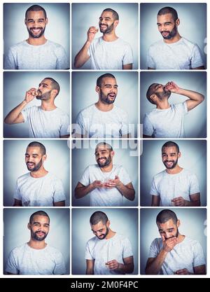 Collage, drunk man and drinking alcohol at party for new years, birthday or Christmas celebration with funny photobooth portrait. Funny male with Stock Photo