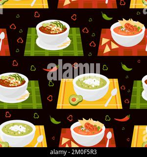 Seamless pattern with Mexican soups. Tomato Soup with tortilla chips and green soup with avocado in plates on tablecloths on black background with chi Stock Vector