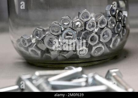 Peaces of evidence, bolts and nuts pictured at the trial of the attacks of March 22, 2016, at the Brussels-Capital Assizes Court, Tuesday 06 December 2022 at the Justitia site in Haren, Brussels. On March 22 2016, 32 people were killed and 324 got injured in suicide bombings at Zaventem national airport and Maalbeek/ Maelbeek metro station, which were claimed by ISIL.  BELGA PHOTO POOL DIDIER LEBRUN Stock Photo