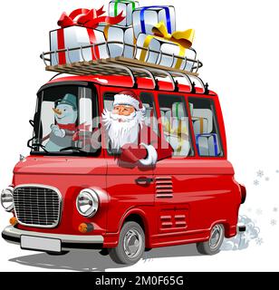 Cartoon retro Christmas delivery van, Santa and Snowman. EPS-10 vector format separated by groups with transparency effects for easy edit. Stock Vector