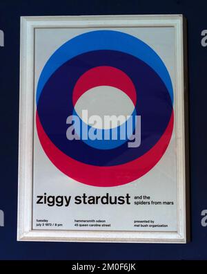 Framed Ziggy Stardust and the spiders from Mars poster, Hammersmith Odeon, 45 Queen Caroline Street, London, England, UK, W6 9BZ, 3rd July 1973 Stock Photo