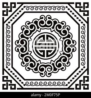 Mongolian oriental pattern with swilrs and geometric vector design, retro folk art ornament inspired by decor from Central Asia in black and white Stock Vector