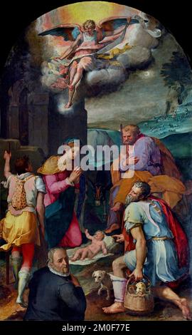"The Adoration of the Shepherds", painted around 1577–1579 by the legendary artist El Greco (Domenikos Theotokopoulos). This masterpiece was originally commissioned for the Altarpiece of Santo Domingo el Antiguo in Toledo and is preserved in the prestigious permanent collection of the Prado Museum (Museo del Prado) in Madrid, Spain.( Virgin Mary, Saint Joseph, and gathering shepherds adoring the newborn Christ Child beneath a soaring celestial angel. ) Stock Photo