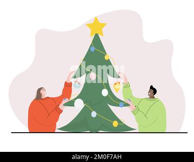 Vector illustration man and woman are preparing for the new year, are engaged in decoration. Vector illustration Stock Vector