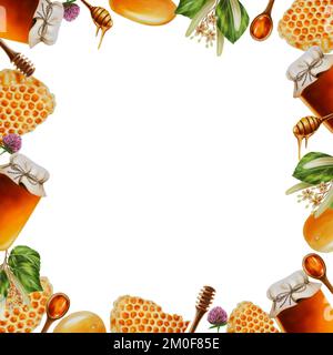 Watercolor honey frame. Includes honey jar, honeycomb, honey on a stick, drops, honey in a wooden spoon, clover and linden flowers Stock Photo