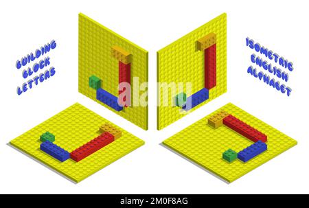 Isometric toy bricks of letter J. Letter from blocks for children poster and games. ABC typography. Realistic 3D vector isolated on white background Stock Vector