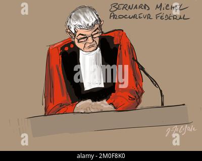 This drawing by Jonathan De Cesare shows Belgian federal public prosecutor Bernard Michel at a session of the trial of the attacks of March 22, 2016, at the Brussels-Capital Assizes Court, Tuesday 06 December 2022 at the Justitia site in Haren, Brussels. On March 22 2016, 32 people were killed and 324 got injured in suicide bombings at Zaventem national airport and Maalbeek/ Maelbeek metro station, which were claimed by ISIL.  BELGA PHOTO JONATHAN DE CESARE Stock Photo