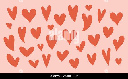 Big set of hand-drawn red hearts on a pink background. Simple hearts. Doodle style. Vector illustration.  Stock Vector
