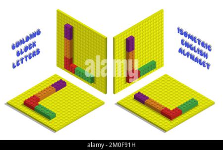 Isometric toy bricks of letter L. Letter from blocks for children poster and games. ABC typography. Realistic 3D vector isolated on white background Stock Vector