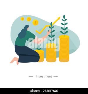 the woman is stacking coins. Investment and finance growth business concept. Stock Vector