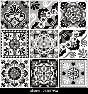 Mexican talavera tiles vector seamless navy blue pattern with flowers leaves, hearts and swirls - gray and white big set, repetitive design styled as Stock Vector