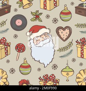 RETRO MOOD CHRISTMAS Santa Smiles New Year Gifts Gramophone Record Snowflakes Berries Sweets Winter Holiday Hand Drawn Sketch Cartoon Seamless Pattern Stock Vector