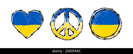 Barbed wire circle, peace sign and heart shapes in Ukrainian flag blue and yellow colors. Hand drawn vector illustration in sketch style. Save Ukraine Stock Vector