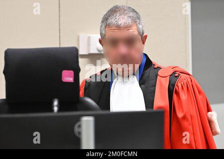 Belgian federal public prosecutor Bernard Michel pictured at the trial of the attacks of March 22, 2016, at the Brussels-Capital Assizes Court, Tuesday 06 December 2022 at the Justitia site in Haren, Brussels. On March 22 2016, 32 people were killed and 324 got injured in suicide bombings at Zaventem national airport and Maalbeek/ Maelbeek metro station, which were claimed by ISIL.  BELGA PHOTO POOL DIDIER LEBRUN Stock Photo