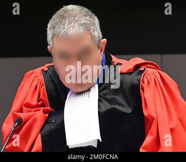 Belgian federal public prosecutor Bernard Michel pictured at the trial of the attacks of March 22, 2016, at the Brussels-Capital Assizes Court, Tuesday 06 December 2022 at the Justitia site in Haren, Brussels. On March 22 2016, 32 people were killed and 324 got injured in suicide bombings at Zaventem national airport and Maalbeek/ Maelbeek metro station, which were claimed by ISIL.  BELGA PHOTO POOL DIDIER LEBRUN Stock Photo