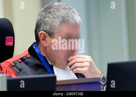 Belgian federal public prosecutor Bernard Michel pictured at the trial of the attacks of March 22, 2016, at the Brussels-Capital Assizes Court, Tuesday 06 December 2022 at the Justitia site in Haren, Brussels. On March 22 2016, 32 people were killed and 324 got injured in suicide bombings at Zaventem national airport and Maalbeek/ Maelbeek metro station, which were claimed by ISIL.  BELGA PHOTO POOL DIDIER LEBRUN Stock Photo