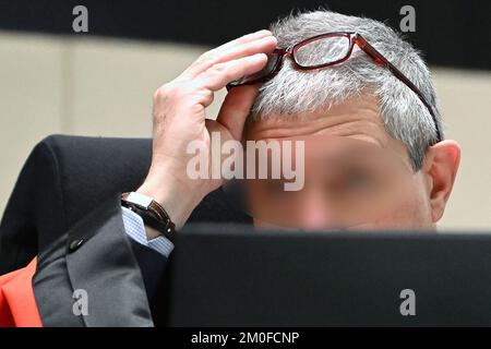 Belgian federal public prosecutor Bernard Michel pictured at the trial of the attacks of March 22, 2016, at the Brussels-Capital Assizes Court, Tuesday 06 December 2022 at the Justitia site in Haren, Brussels. On March 22 2016, 32 people were killed and 324 got injured in suicide bombings at Zaventem national airport and Maalbeek/ Maelbeek metro station, which were claimed by ISIL.  BELGA PHOTO POOL DIDIER LEBRUN Stock Photo