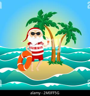 Santa resting on desert island and drinking cocktail. Vector illustration. Stock Vector