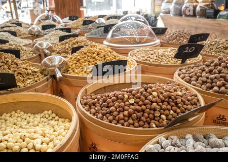 Variety of nuts, dry fruits and other snacks in traditional food store in Mardin, Turkey Stock Photo