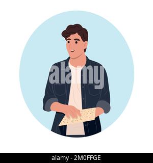 A young smiling guy is reading something in Braille. Vector flat illustration Stock Vector