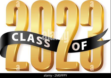 Class of 2023 Gold Lettering Graduation 3d logo with black ribbon. Graduate design yearbook Vector illustration Stock Vector