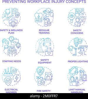 Minimizing workplace injury blue gradient concept icons set Stock Vector