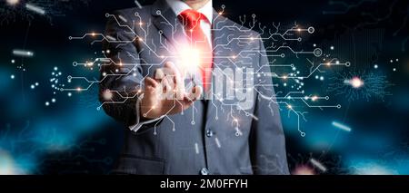 Bussinesman working with artificial intelligent. Data science, AI, Big Data and digital technology concept. Mixed Media Stock Photo