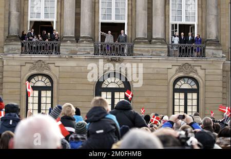 Queen Margrethe of Denmark celebrates 40 years on the throne. The Danish royal family and their guests watch the changing of the guard in Amalienborg Palace Square, from the balconies of Christian IX Palace, Amalienborg and waves to the many people on the castle square.  (Jens Dresling/POLFOTO) Stock Photo