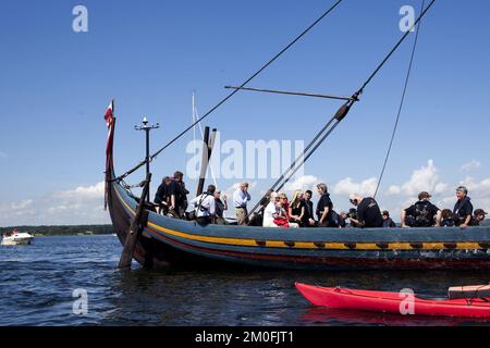 Queen Margrethe sailed Sunday July 8th. 2012 on the first part of the trip with the Danish Viking ship 'Sea Stallion from Glendalough' which began her summer cruises in Danish waters.  (Miriam Dalsgaard/POLFOTO) Stock Photo