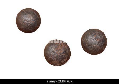 Vintage swedish cannons and metal cannonballs, isolated on a white background. Ancient military arsenal of the events of the Russian-Swedish war Stock Photo