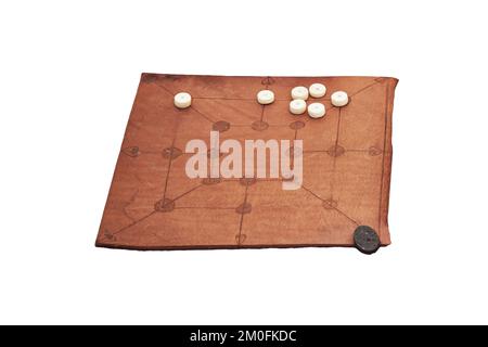 Mill game, popular in ancient Roman, isolated on a white background. Reconstruction of board games from the Roman Empire Stock Photo