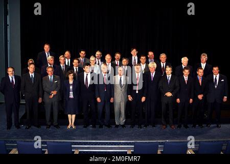 PA PHOTOS/POLFOTO- UK USE ONLY : POLFOTO, COPENHAGEN, 070902: The ministers of finance from the 15 EU member states gathered in Copenhagen saturday for a meeting in the ECOFIN forum. Front row from the left:    *....EU-commissary Pedro Solbes, french minister of finance Francis Mer, italian MoF Giulio Tremonti, portugese MoF Manuela Ferreira, british MoF Gordon Brown, swedish MoF Bosse Ringholm, german MoF Hans Eichel, danish MoF Thor Pedersen, CEB president Willem Duisenberg, belgian MoF Didier Reynders, finnish MoF Sauli Niinist , dutch MoF Hans Hoogervorst and luxembourg MoF Henri Grethen. Stock Photo