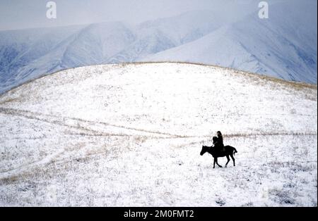 Kazakstan 2002. The last eagle hunters in the world. In Kazakstan a man is a man when he can ride a horse and hunt with an eagle.   *...They have done it the same way for the last 4000 years. This is from the border of Kirgizstan. Stock Photo