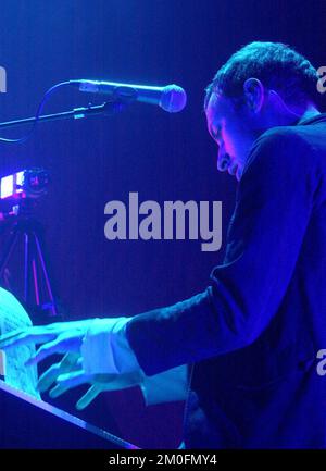 Coldplay seduced 4700 fans in Valby, Copenhagen, with their music and performance. Lead singer Chris Martin and his band played for 90 minutes, and swept the audience off their feet. Stock Photo