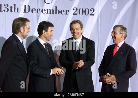 The European Union and 10 candidate countries met for a final battle over money at a EU summit in Copenhagen , where champagne bottles were already chilled to celebrate  the ending of the continent's east-west divide.  *  PHOTO SHOWS: British PM TONY BLAIR and Secretary ogf State JACK STRAW arriving at Bella Center where the summit takes place. Danish Prime Minister ANDERS FOGH RASMUSSEN and Danish Foreign Minister PER STIG MOELLER. Stock Photo