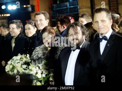 Left to right: Crown Prince Frederik, Mary Donaldson, Prince Joachim, Princess Alexandra, Peter Jackson and Viggo Mortensen attend the Danish premiere of Lord of the Rings: Return of the King. Stock Photo
