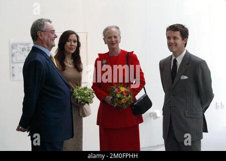 Royal opening of the art museum 'ARoS' in Aarhus, the second largest city in Denmark. Mary Donaldson, crown prince Frederik, queen Margrethe and prince Henrik standing in a street of the museum. Queen Margrethe opened the museum wednesday evening 7 april 2004. 500 people were invited for the opening. Thursday the museum was opened for the public. The building costs for the museum amounts to 400.000 euro. Stock Photo