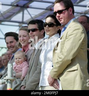 The Crown Prince Frederik (right) and Mary Donaldson at the horse show at Christiansborg riding ground in Copenhagen to celebrate  Princess Benedikte's 60th birthday. To the right stands the son of The Princess Benediktes, The Prince Gustav and to the left stand The Princess Alexandra with her child The Princess Ingrid and her husband The Earl Jefferson. Stock Photo
