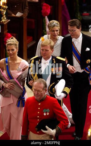 The Crown Prince Willem-Alexander and The Crown Princes Maxima of Belgium (front) arriving at the wedding of The Danish Crown Prince and Miss Mary Elizabeth Donaldson in the Copenhagen Cathedral, The Church of Our Lady. Stock Photo