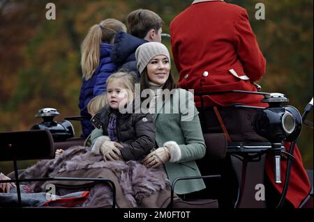 Princess Josephine, Prince Vincent, Crown Princess Mary, attended the traditional Hubertus Hunt in Dyrehaven outside Copenhagen at the Eremitage Slott, the 1st of Novmeber 2015 Stock Photo