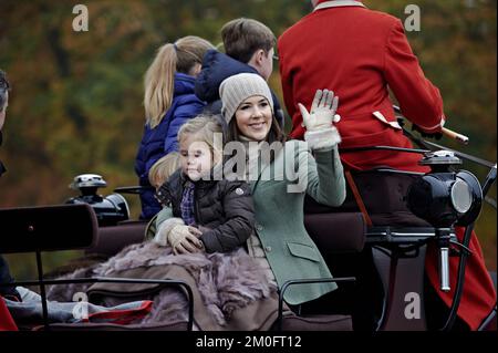 Princess Josephine, Prince Vincent, Crown Princess Mary, attended the traditional Hubertus Hunt in Dyrehaven outside Copenhagen at the Eremitage Slott, the 1st of Novmeber 2015 Stock Photo