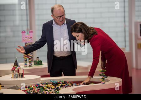 Kronprinsesse Mary og Lego ejer Kjeld Kirk Kristiansen. The Danish Crown Prince Frederik and Crown Prince Mary and their four children attended the opening of the new â€˜LEGO Houseâ€™ in Billund, Denmark, September 28, 2017. The building inspired by the famous Danish LEGO-bricks was designed by Danish architect Bjarke Ingels and offers indoor activities such as LEGO play zones, restaurants and conference facilities. Pictured isÂ Kjeld Kirk Kristiansen and Crown Princess Mary.Â  /ritzau/ Morten Lau-Nielsen. Stock Photo