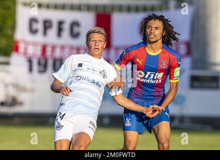 FC Elsinore's Carl Lange (left) and Crystal Palace's Nya Kirby during a friendly on July 12, 2018. Stock Photo