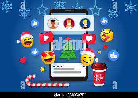 Christmas 3D Social media platform, online communication banner. New Year application template with emoticons, hearts, candy, chat on smartphone Stock Vector