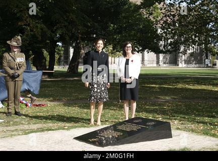 Crown Princess Mary and Australian Ambassador to Denmark Mary Ellen Miller during the inauguration of the Australian War Memorial in Denmark in the Churchill Park in Copenhagen. Thursday, September 17, 2020. The Australian War Memorial honors the Australian military and service personnel who contributed to the liberation of Denmark during World War II and the fallen Australian soldiers from the First World War, as well as it emphasises the common military history and the common freedom and democracy values that Australia and Denmark share. (Photo Keld Navntoft / Ritzau Scanpix) Stock Photo