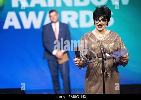 Minister for Food, Fisheries and Equal Opportunities and Minister for Nordic Cooperation Mogens Jensen (The Social Democratic Party) on stage to present the Drag Performer of the Year arward. Drag Queen Chantal Al Arab from the drag group Veninderne ('The Girlfriends') won the award. Every year The Danish Rainbow Awards celebrates private individuals, organisations and companies who have contributed to improve conditions for members of the LGBT+ community in Denmark. Crown Princess Mary attended the award show and presented the special honorary award. Wednesday, September 30, 2020. (Photo: Mar Stock Photo