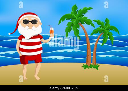 Santa drinking cocktail on tropical island. Vector illustration. Stock Vector